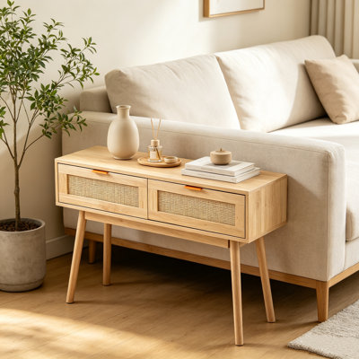 Console en rotin avec 2 tiroirs de rangement et porte coulissante en rotin