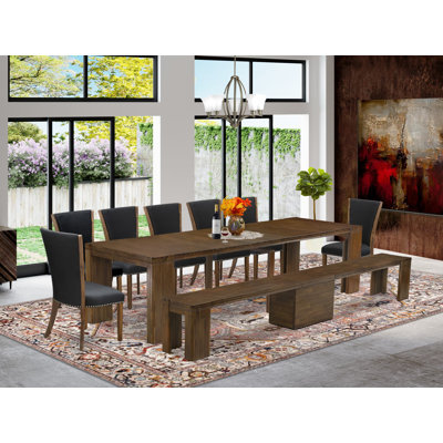 9 Pieces Dining Room Table Set includes an Extendable Rectangle Kitchen Table, 7 Dining Chairs and 1 Modern Bench, Antique Walnut