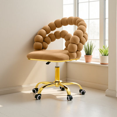 Fauteuil de bureau en velours pivotant avec dossier à bulles, chaise de coiffeuse mignonne à hauteur réglable avec base dorée et roulettes pour la chambre à coucher