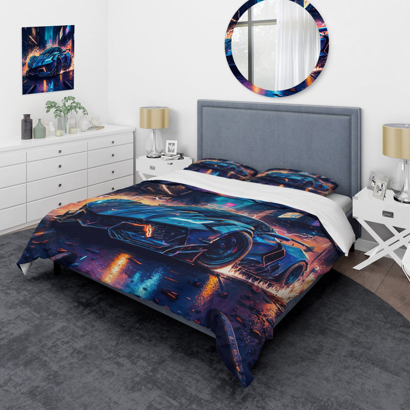 Ensemble de housse de couette en microfibre / polyester bleu et noir Exotic Car Velocity II