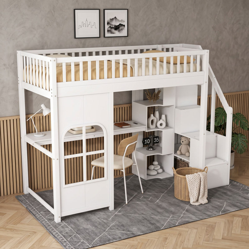 Lit mezzanine avec escalier de rangement, bureau, panneau de fenêtre décoratif et éclairage LED., Twin, White