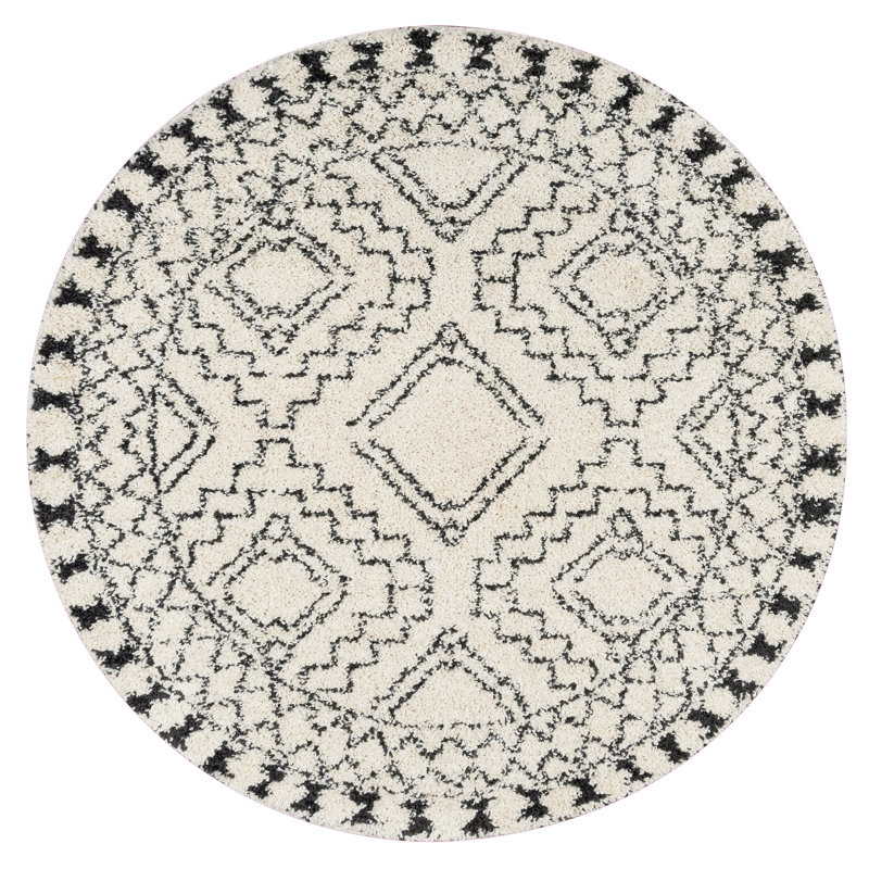 Adry Moroccan Shag Tasseled Cream/Charcoal Area Rug, Round 5'