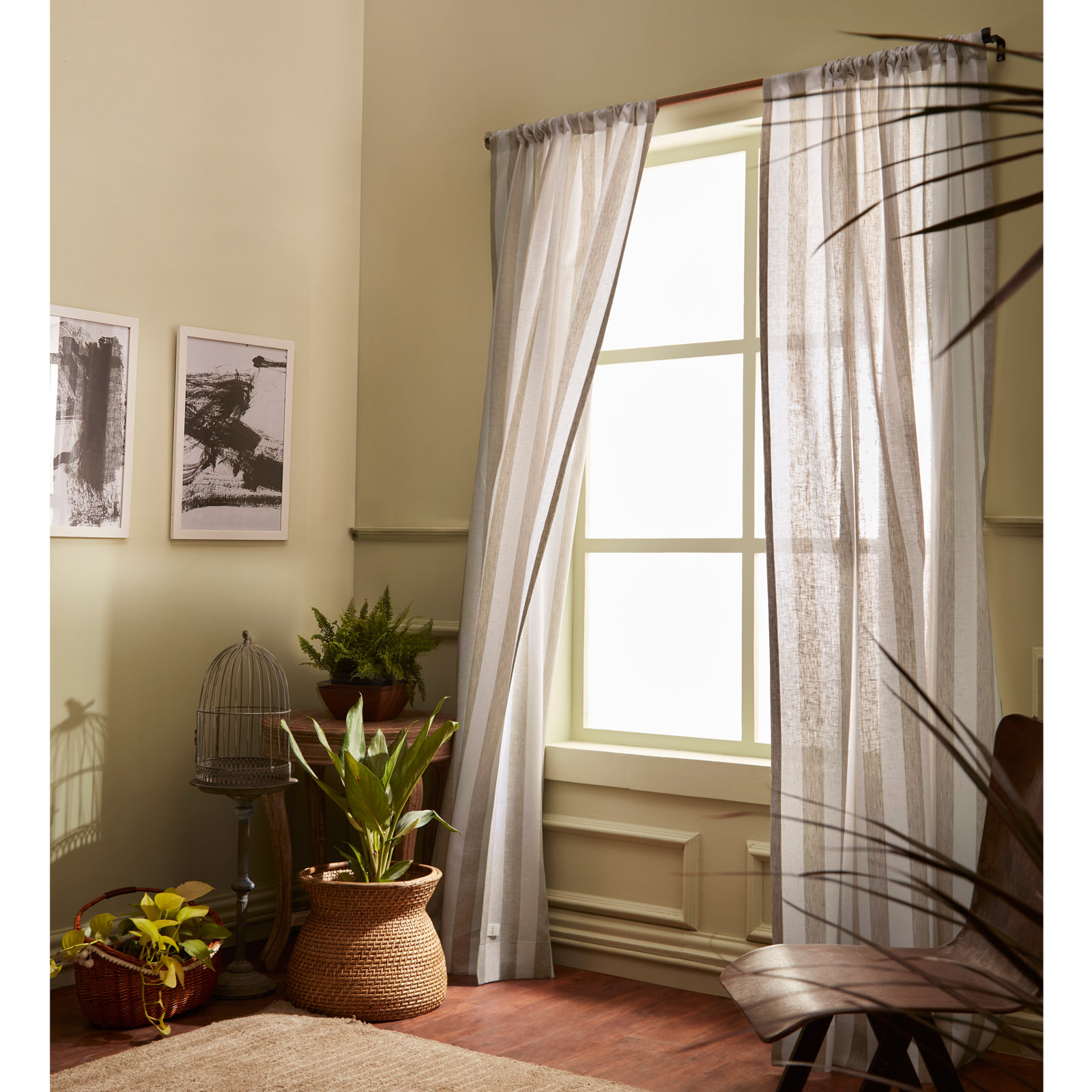 Striped Pure Linen Semi-Sheer Curtain Panel, 52" W x 108" L, Natural and White