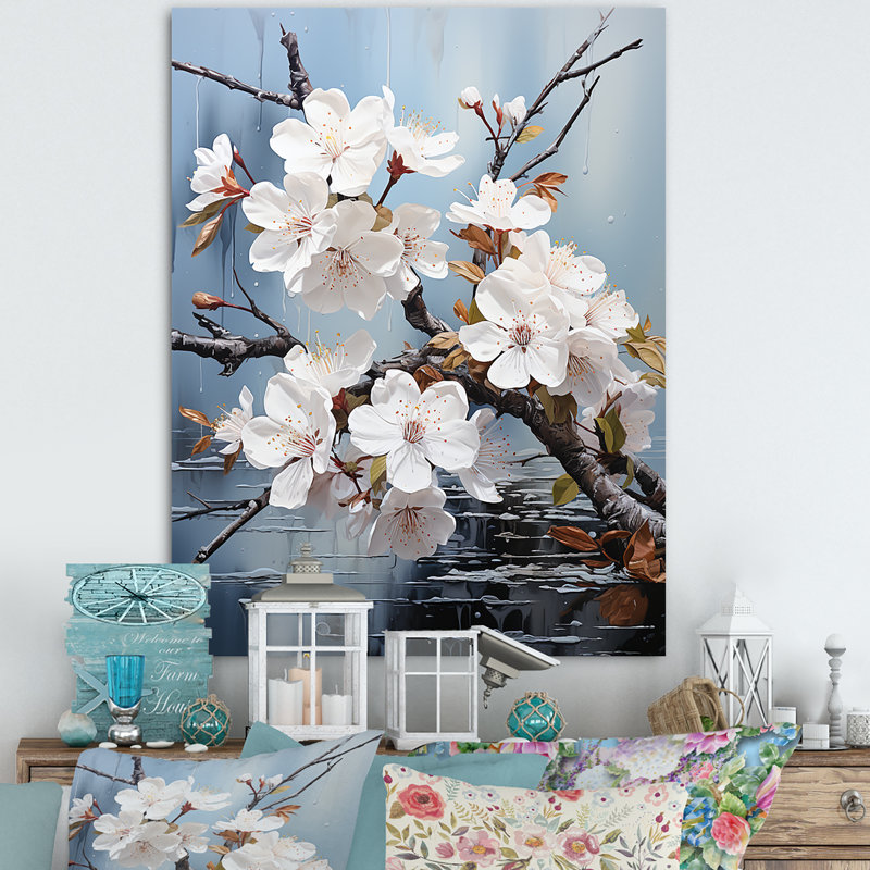 Minimalisme blanc et bleu Cherry Blossom III - impression d'art sur toile Cherry Blossom, Toile tendue