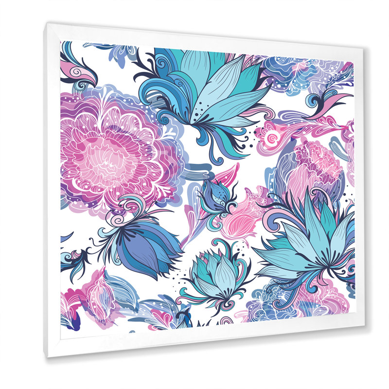 Fleurs romantiques élégantes en rose et bleu - Impression sur toile, Cadre photo blanc, H 36 po x l 36 po