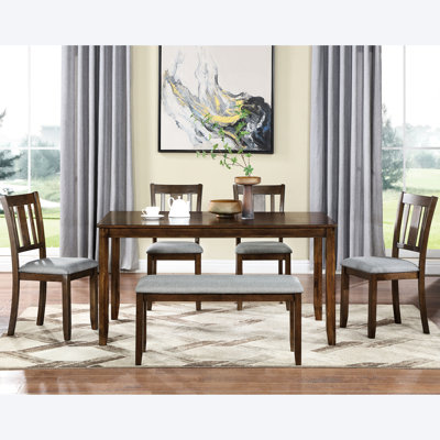 6 Piece Rectangular Dining Table In Walnut, With 4 Upholstered Chairs & Bench, Accommodates People, For A Modern Home Walnut 6, 6 And Stylish Home, Ki