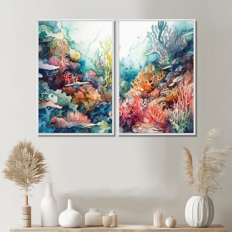 «Vibrant Coral Reef III», art mural moderne 2 pièces, H 36 po x l 48 po, Impression encadrée flottante, Blanc