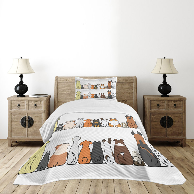 White Twin Kids Unisex Quilted Bedspread Set with Dog Print