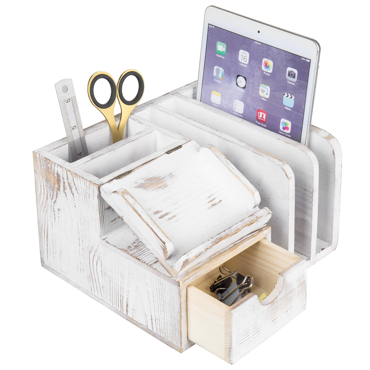 Whitewashed Wood Desktop Organizer, Office Supplies and Mail Holder Desk  Caddy