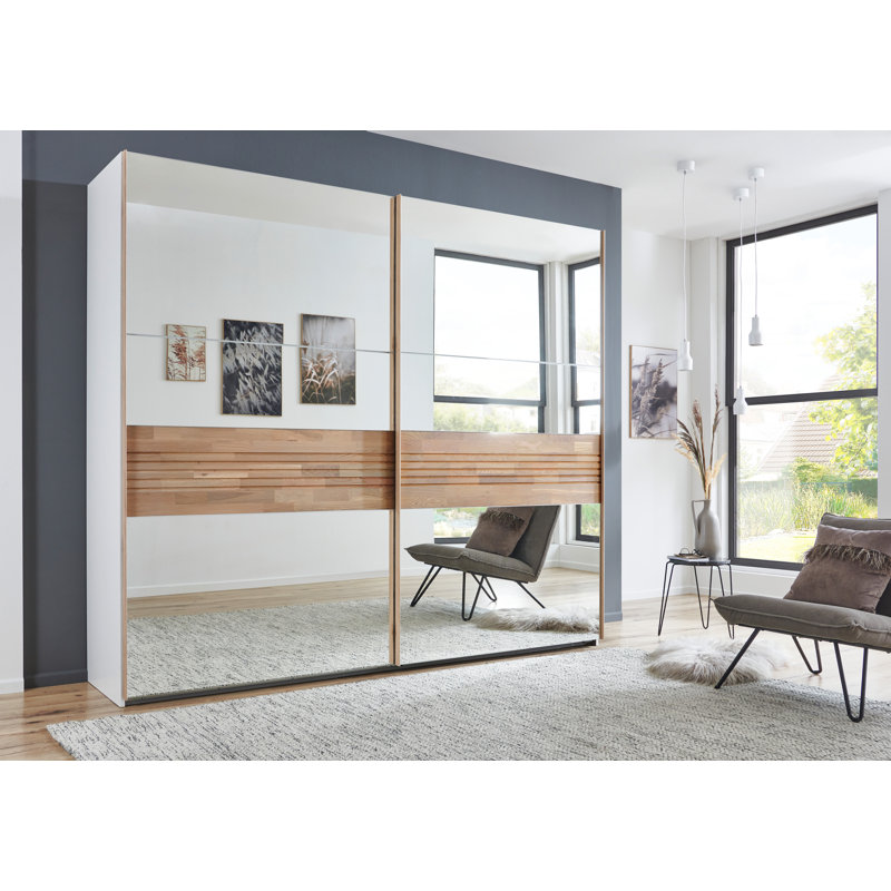 2 Door Manufactured Wood Wardrobe, 216cm H x 250cm W x 65cm D, White/Parasol Solid Oak-