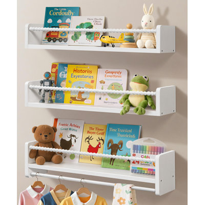 Nursery Solid Wood Floating Shelves Pine Wooden Bookshelf for Wall 23inch (Set of 3)