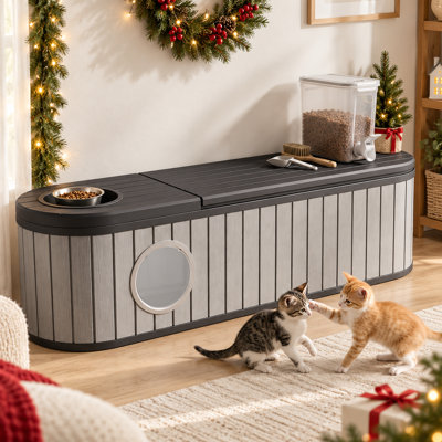 63.13"W Multi-Function Resin Catio – Cat Litter Cabinet with Hideaway Bed & Storage(Gray & Black)