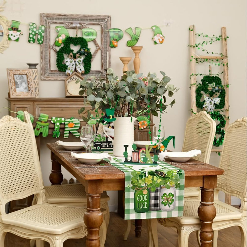 Chemin de table Shamrocks à carreaux Mason, décoration des Fêtes de la Saint-Patrick pour la cuisine et la salle à manger