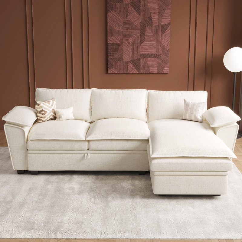 Upholstered L-Shaped Sectional Sofa With Chaise, Beige Chenille
