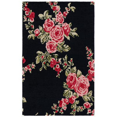 Jardin Hand Tufted Wool/Cotton Floral Rug in Pink/Black