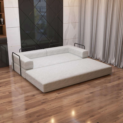 Smart Convertible Sofa Bed 3-Seater Sherpa Upholstered Futon with Side Metal Frame Support, No-Assembly Fold-Out Design – Available in Black, Grey, and Camel