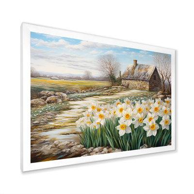 «White and Yellow Daffodils Country Charm», art encadré de fleurs