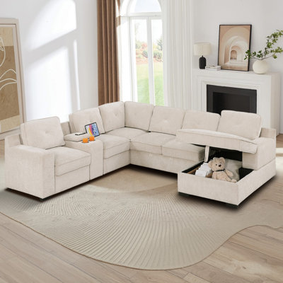 119.5‘’Chenille Sectional Sofa With Integrated Console And Storage