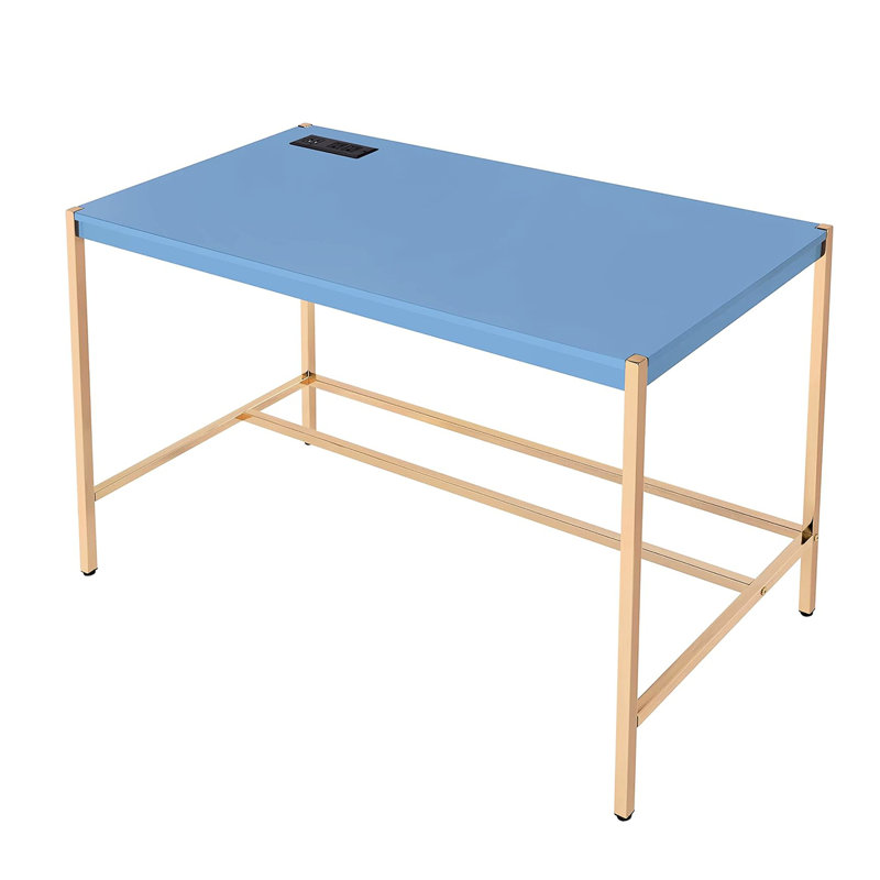 Bureau d'écriture rectangulaire bleu marine et doré avec ports, configuration fixe, surface ultrabrillante, plateau en bois, base en métal ouverte, largeur de 20 po, largeur
