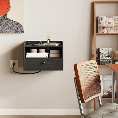 Floating Nightstand Set Of 2 Modern Night Stands With Drawer And Open Shelf Cubby Small Bedside End Table With Charging Station Wall Mounted Nightstan