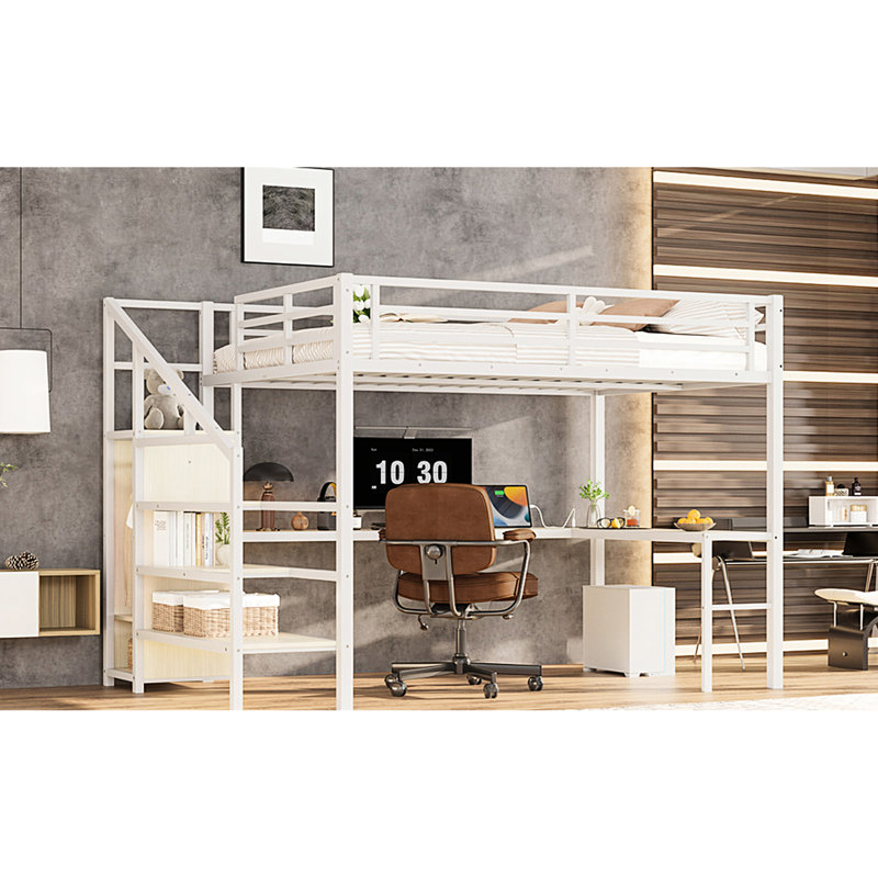 Grand lit mezzanine blanc à grain de bois avec escalier, charge, DEL et garde-robe pour l'organisation de la chambre à coucher, DEL, rangement intégré