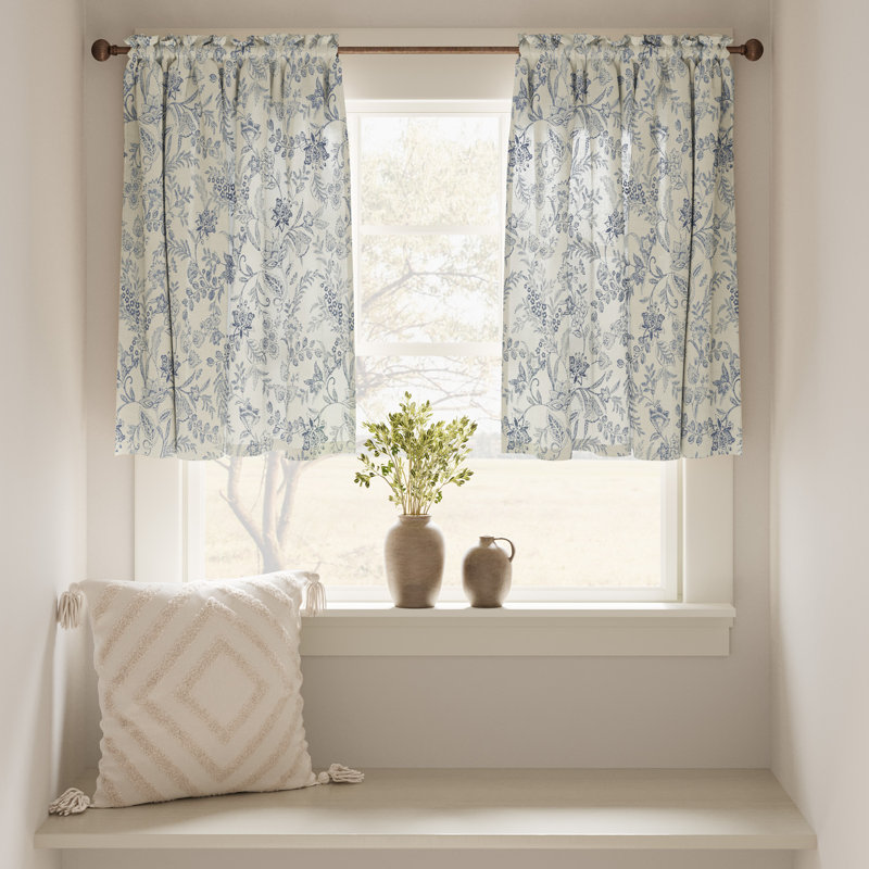 Linen Rod Pocket Floral Farmhouse Cafe Kitchen Curtains, 26" W x 36" L, Blue