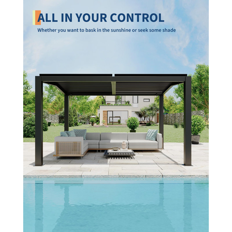 Pergola à persiennes en aluminium 11 pi x 13 pi avec toit à pignon réglable et système de drainage intégré pour le jardin, le patio, la terrasse, la cour, gris