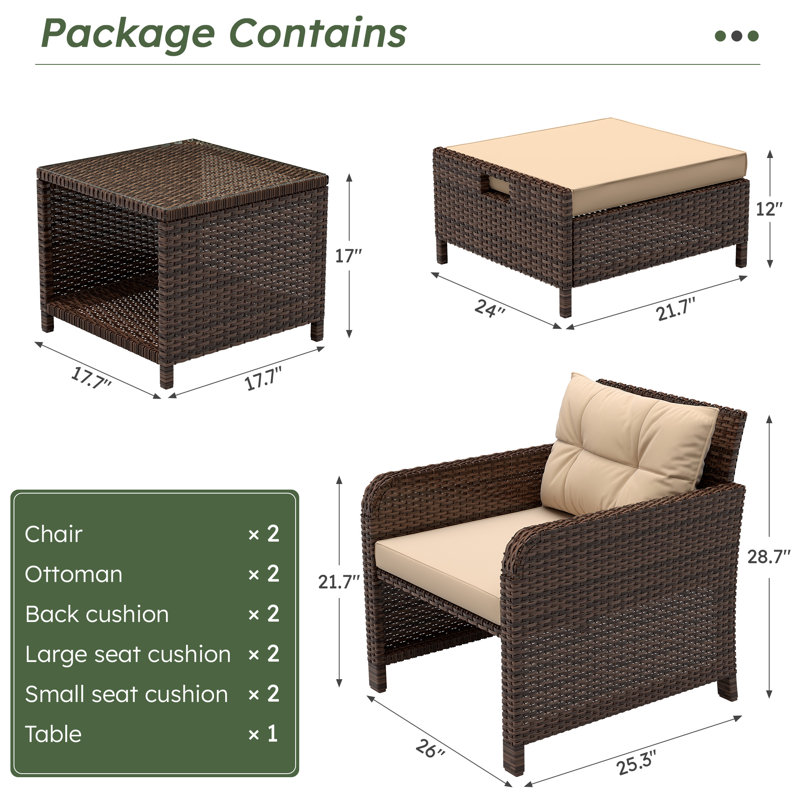 5-piece Patio Conversation Set, Beige Cushion/ Brown Frame
