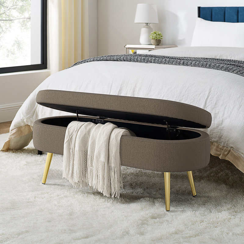 Banc de rangement ovale avec revêtement en flanelle et pieds en métal, Brown, Brown