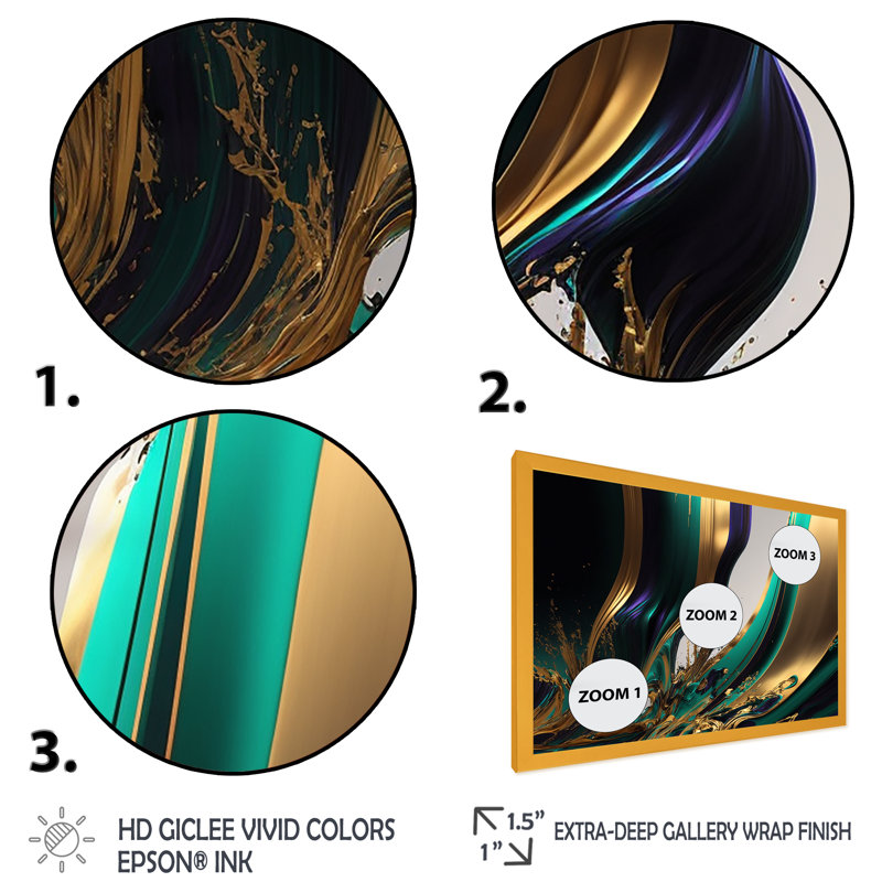«Green and Gold Agate III», impression sur toile, Encadrement doré, H 16 po x l 32 po x P 1 po