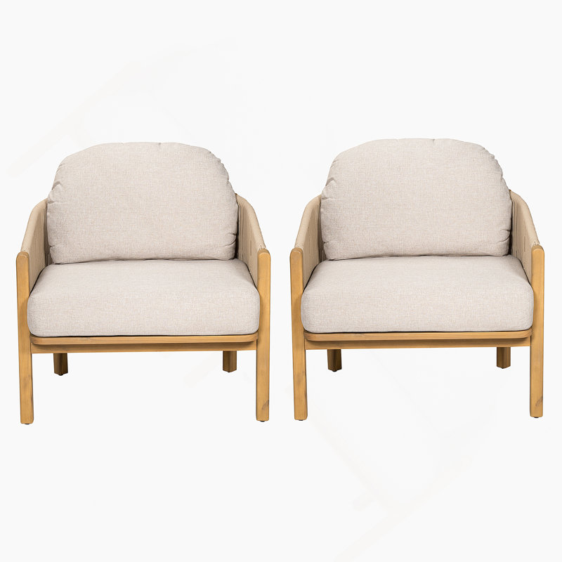 Fauteuil club d'extérieur en bois, corde beige avec coussin beige, ensemble de 2, Beige, Teck