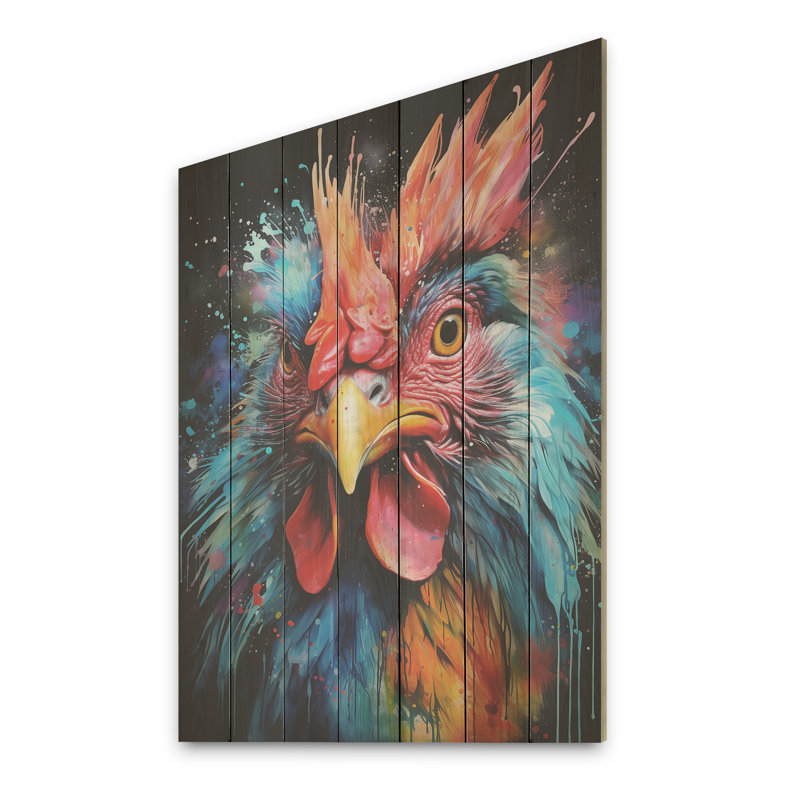 «Blue Red Rooster Chorus Portrait II - Coq» sur bois, H 20 po x l 10 po