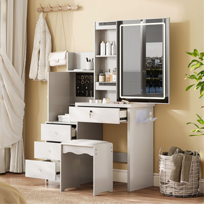 Vanity Desk Set With Sliding Lighted Mirror, Makeup Dressing Table With 4 Drawers & 9 Storage Spaces, Hidden Compartments And Cushioned Stool, White Beauty Furniture For Bedroom