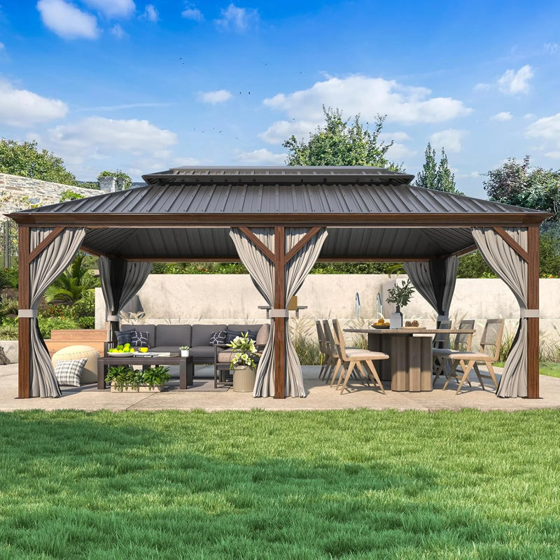 Pavillon de jardin en aluminium l 12 pi x P 20 pi avec double toit - Finition grain de bois, toit rigide en acier galvanisé, rideaux et filet - Très grand pavillon permanent