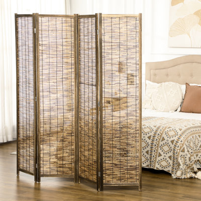 Écran d'intimité à 4 panneaux, pliable portable 5,5 pi. Panneau de séparation pour salle d'eau en bois tissé à la main, intimité. Style, salle à manger