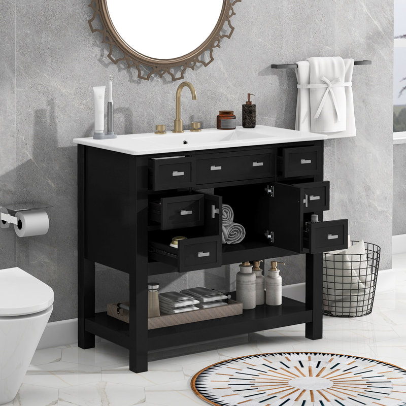  Vanity with Sink, Modern Bathroom Cabinet with 2 Doors and 6 Drawers, Freestanding Storage Design, Noir