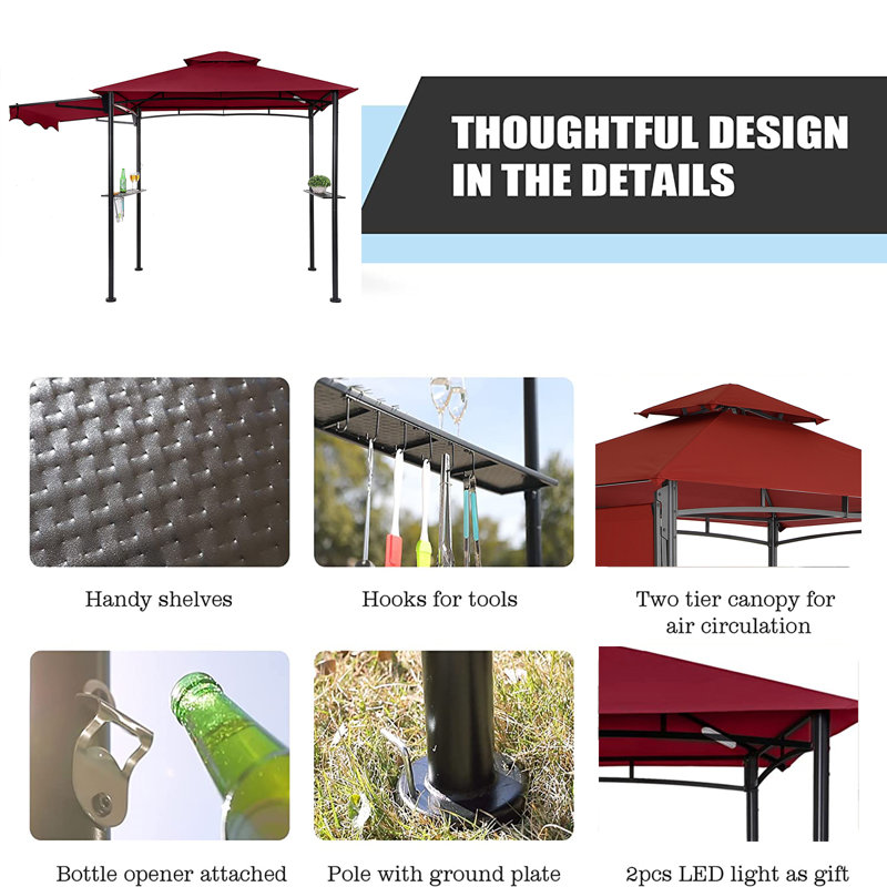 11Ft. W x 5 Ft. D Soft Top Grill Gazebo with a Side Collapsible Awning, Red