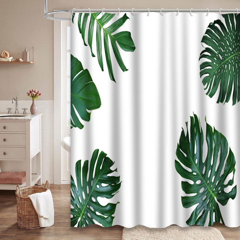 Rideau de douche vert avec 12 crochets Green Monstera, L 72 po x l 84 po