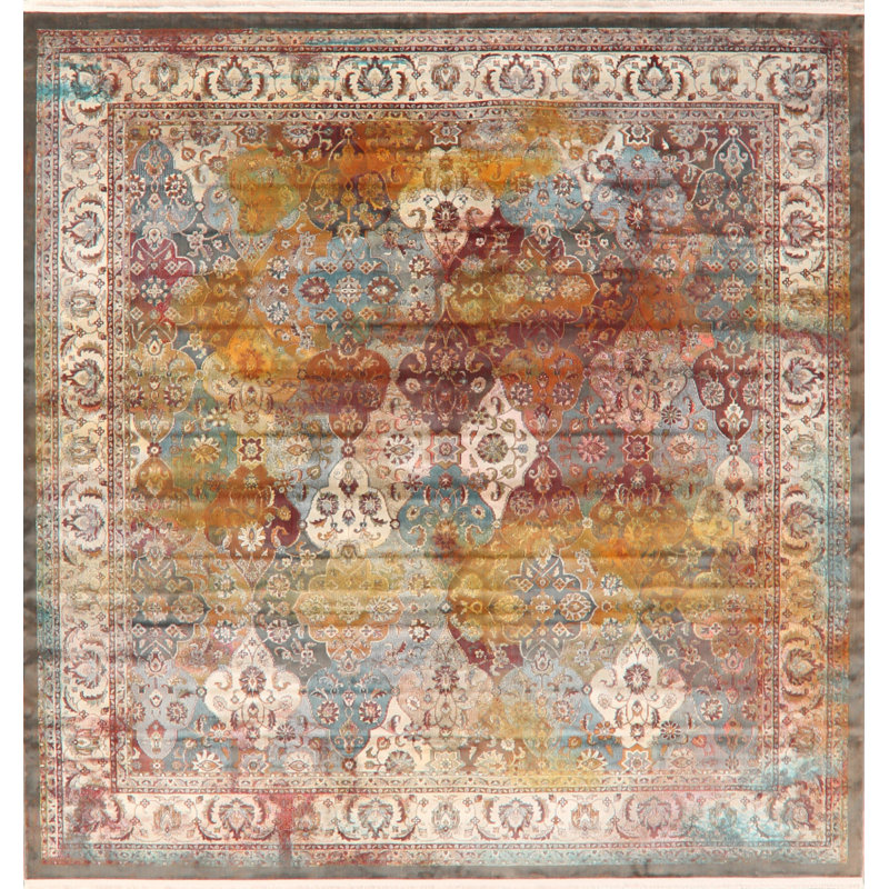 Tapis brun/bleu à motif floral Liverpool, Carré 10 0 po x 10 pi 0 po