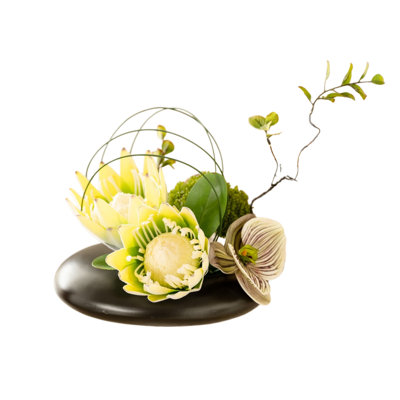 Artificial Zen Mixed Flower Arrangement, Faux Protea Phalaenopsis Orchid Greenery Floral Centerpiece with Black Flat Vase, Tabletop Decor for Living Room, Office, Entryway
