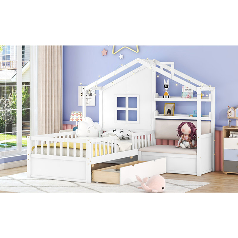 Lit plateforme House avec deux tiroirs et tablette de rangement, Blanc