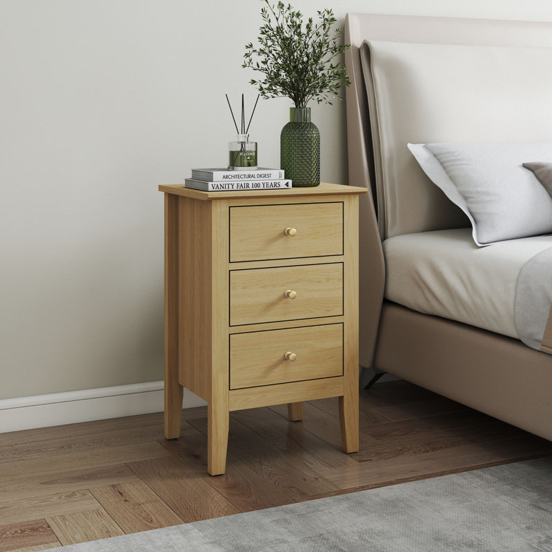 Rover Three-Drawer Bedside Cabinet, Oak-Effect Finish, Metal Runners