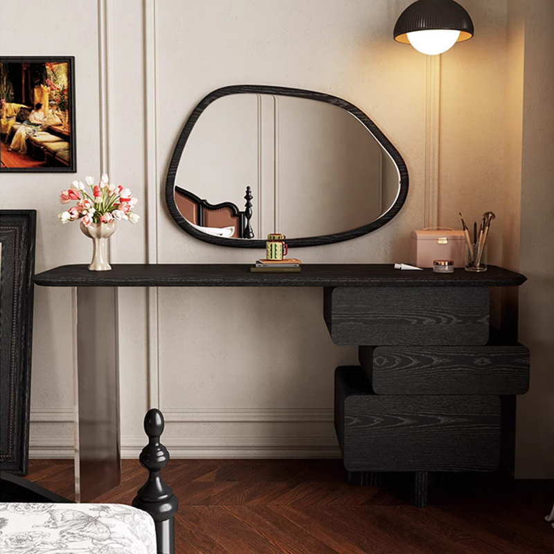 Coiffeuse moderne et minimaliste de 120 cm (47,24 po) en bois massif multicouche – Pieds en acrylique transparent avec effet flottant, plateau arrondi anticollision, commode à plusieurs compartiments de grande capacité, tiroirs à glissière silencieux, double usage pour le maquillage et un bureau à domicile léger