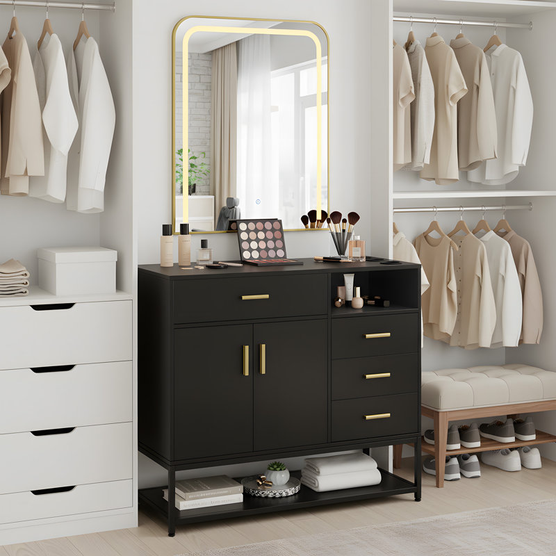 Armoire de salon autoportante avec miroir à DEL, coiffeuse tout-en-un, Noir
