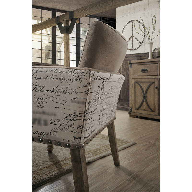 Chaise de salle à manger avec accoudoirs en bois flotté - garniture cloutée robuste, dossier à imprimé de script charmant, finition rustique en microfibre avec tête et confortable