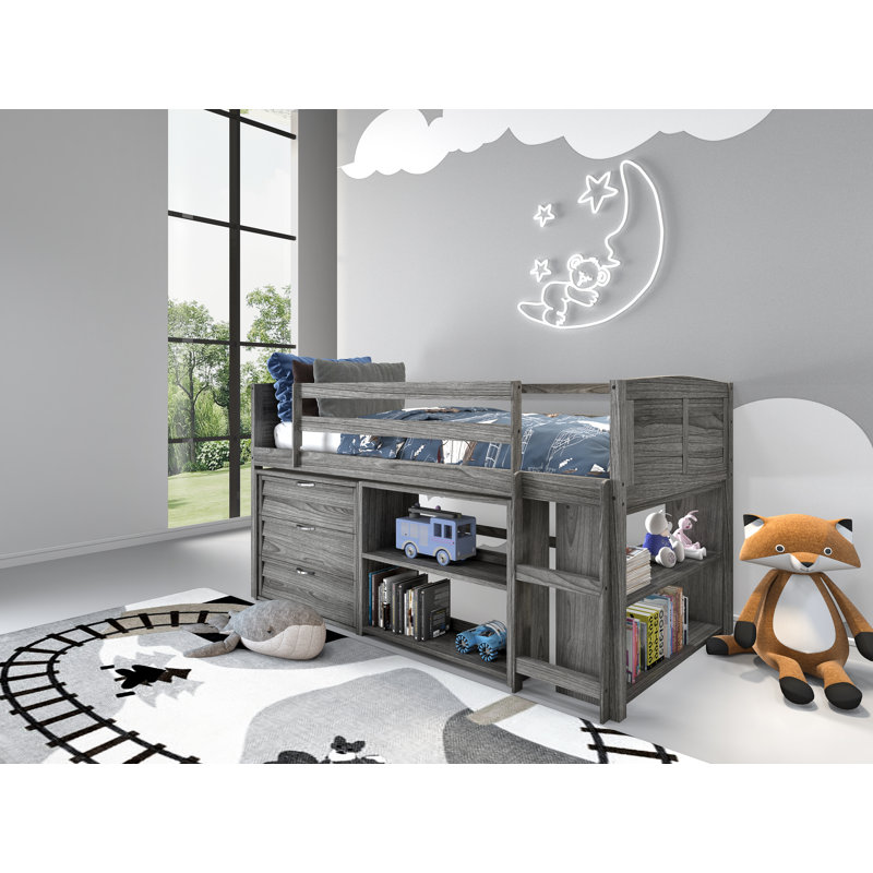 Hagen Twin Solid Wood Loft Bed with Bookcase by Sunside Sails, Antique Gray
