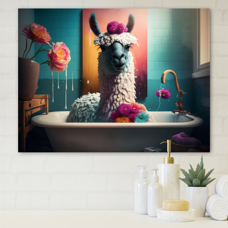 Drôle de lama dans le bain III - animaux, art mural sur toile, H 16 po x l 32 po x P 1 po