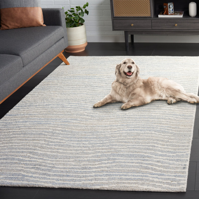 Matroni Hand Tufted Pet Yarn/Wool/Cotton Abstract Rug in Light Blue/Ivory, Rectangle 5' x 8'