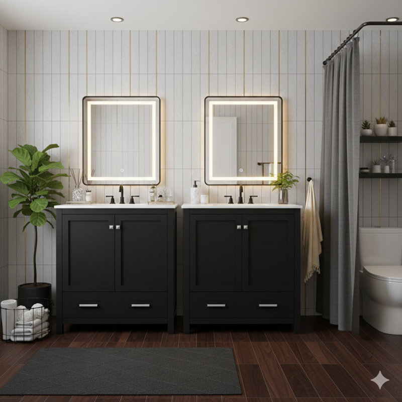 Ensemble de meuble-lavabo noir de 60 pouces avec deux meubles-lavabos séparés, deux lavabos en céramique, une tablette de rangement et des tiroirs séparés (miroir non inclus) - une solution de salle de bain contemporaine pour les grandes salles de bain
