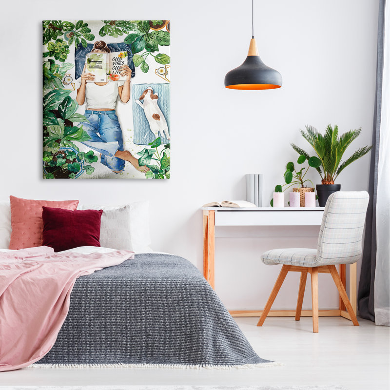 Fille, lecture de livre avec chien, art mural par Enya Todd, H 48 po x l 36 po x P 1,5 po